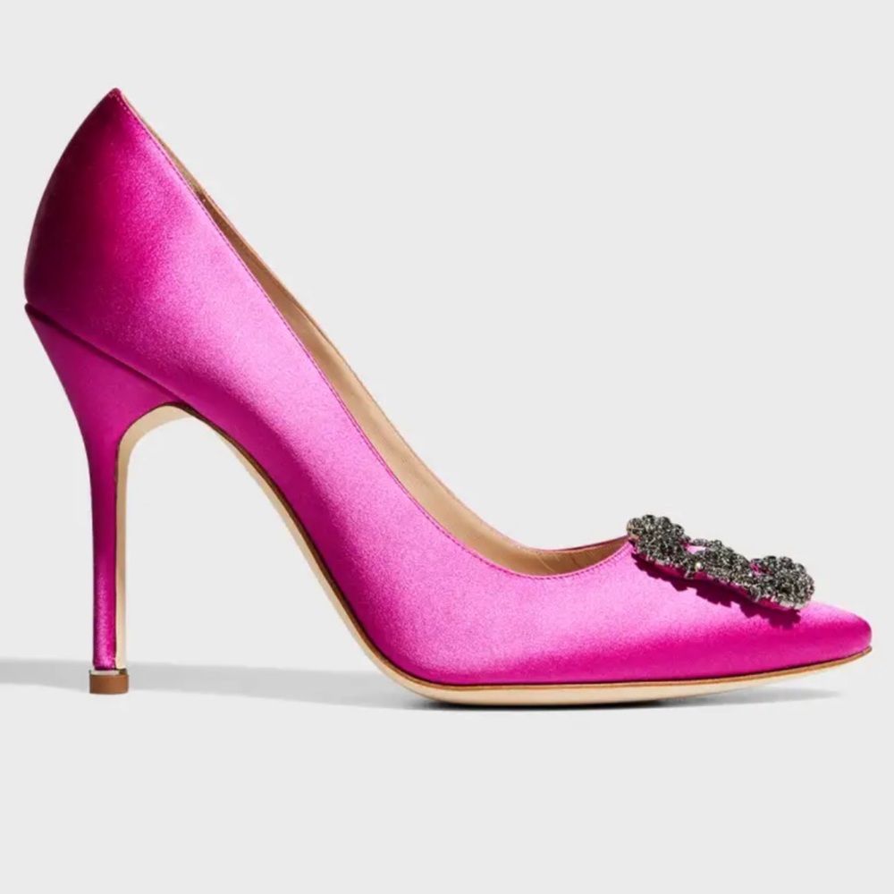 NWT 100% Authentic Manolo Blahnik Hangisi 105mm Satin Crystal-Toe Pump